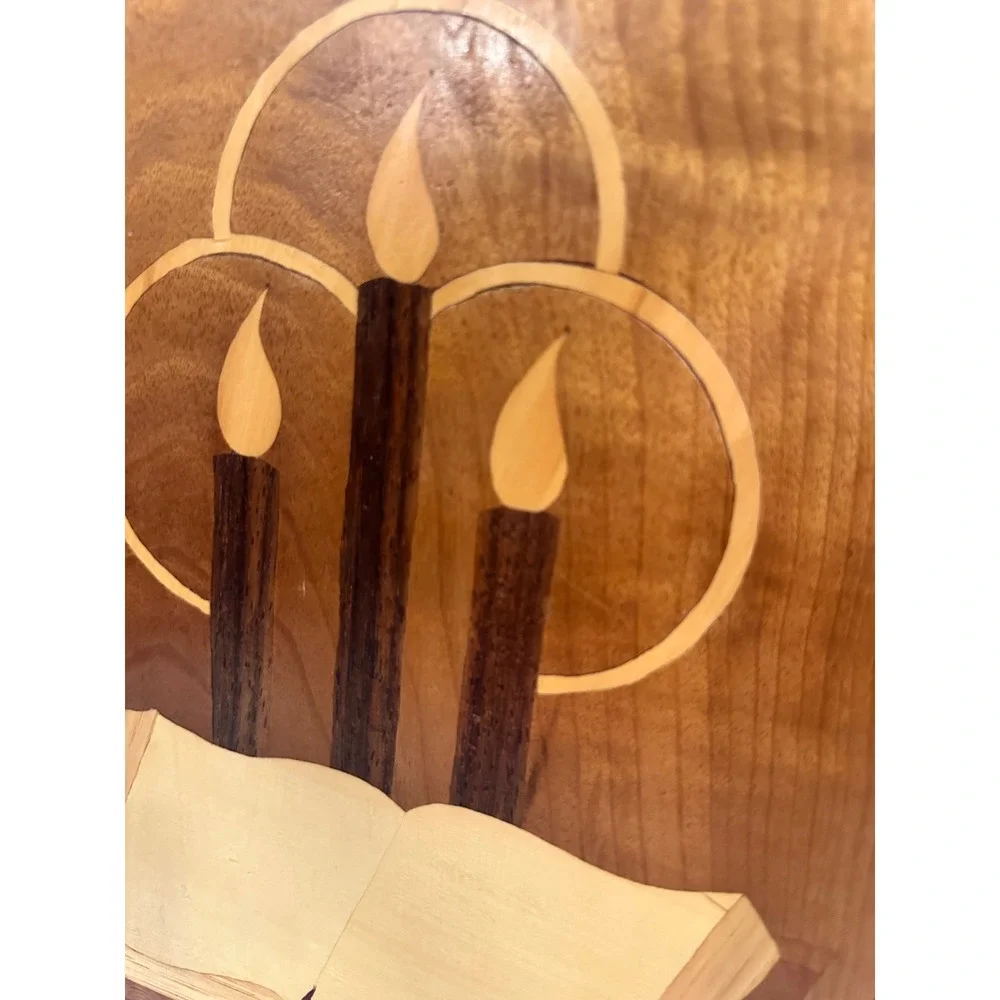 Vintage Marquetry Wood Inlay Wall Art Plaque Candles Book Brown Handmade Art